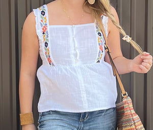 White Ruffle Tank with Floral detail